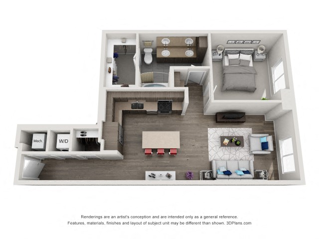 Floor plan for 1 bed, 1 bath, 862 sqft
